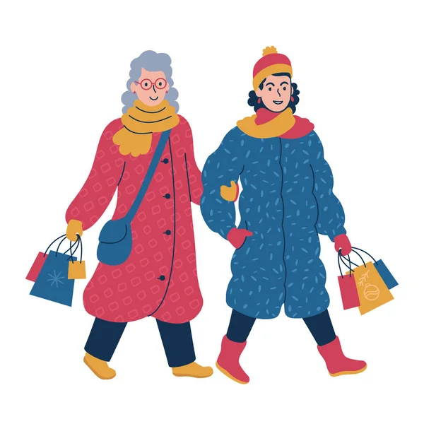 Due donne che fanno shopping insieme in inverno. Illustrazione del vettore isolato. Grafiche Vettoriali