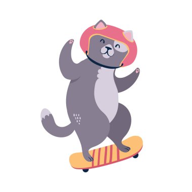 Kaykaydaki kaykaycı kedi. düz biçim vektör illüstrasyonu.