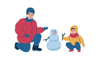 Anne ve baba, kışın çocuğuyla birlikte kardan adam yapıyor. İzole vektör illüstrasyonu.