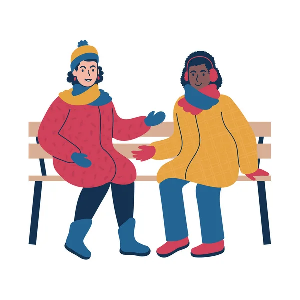 Дружеский разговор между двумя людьми в зимнее время. Изолированная векторная иллюстрация. Стоковая Иллюстрация