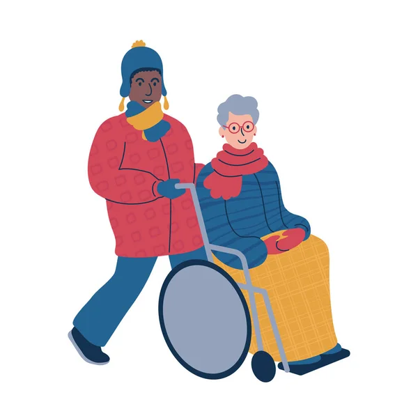 .Portare una persona su una sedia a rotelle per una passeggiata durante il periodo invernale. Illustrazione del vettore isolato. — Vettoriale Stock