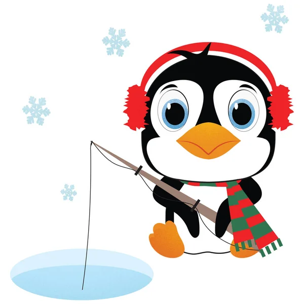 Ice Fishing Penguin in Winter Hat and Scarf Pole Fishing in the Snow Illustration White Background with Clipping Path