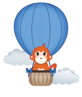 Mavi Sıcak Hava Balonunda Uçan Kırmızı Maymun Görünümü Kırpma Yolu ile Beyazda İzole Edildi