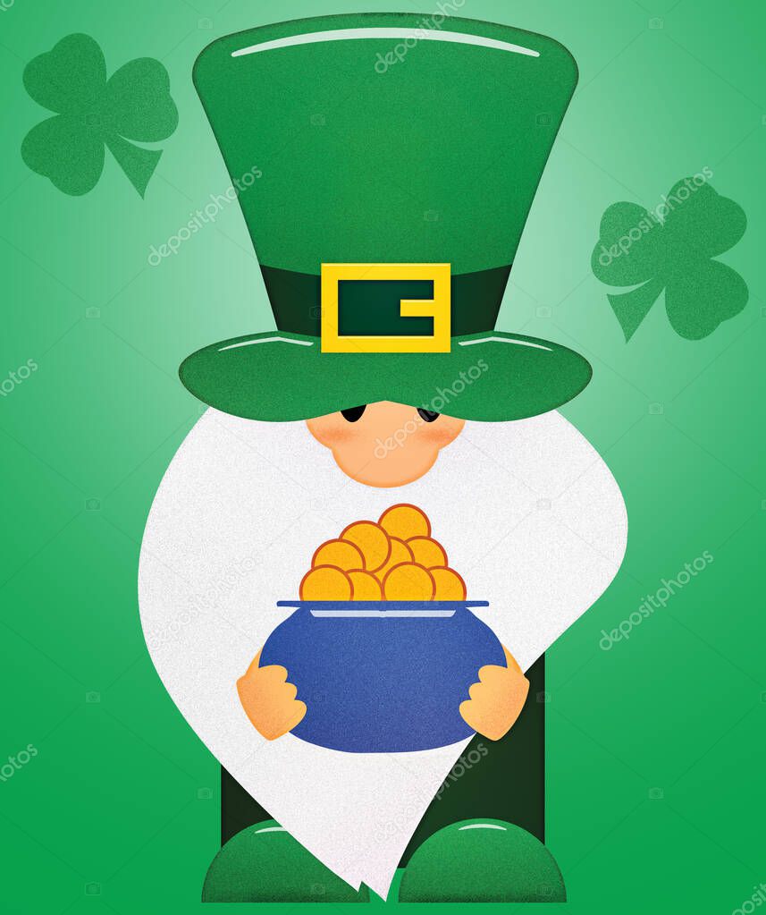 Little Leprechaun with Shamrocks and a Pot of Gold with Clipping Path on Green for poster, card or shirt designs.
