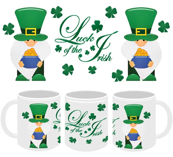 Little Leprechaun Mug Template Και Mockup Shamrocks Και Pot Gold — Φωτογραφία Αρχείου