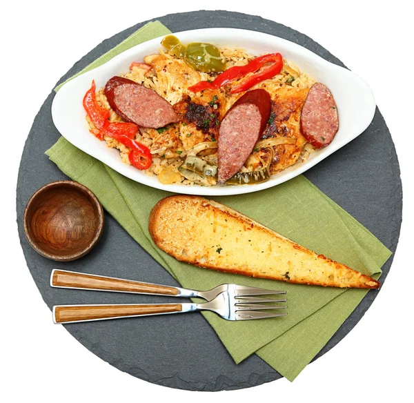 Vudu baharatlı Cajun tavuk ve pilav ile sosis — Stok fotoğraf
