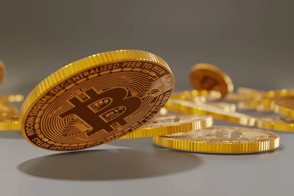Крупный План Цифровых Монет Cryptocurrency Bitcoin Сером Фоне Концепция Инвестиций — стоковое фото