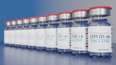 Covid-19 Coronavirus aşı şişelerinin çok sayıda dizilmiş hali. Bu da mikropların çoğaltılması için bir bağışıklık konseptidir..