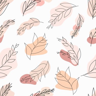Yapraklı ve bej benekli kusursuz vektör deseni. Asgari modern yapraklı desen. Doodle Leaves 'in benekleri var. Botanik vektörü kusursuz desen.