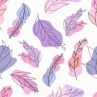 Yapraklı, pembe ve mor lekeli kusursuz vektör deseni. Asgari modern yapraklı desen. Doodle Leaves 'in benekleri var. Botanik vektörü kusursuz desen.