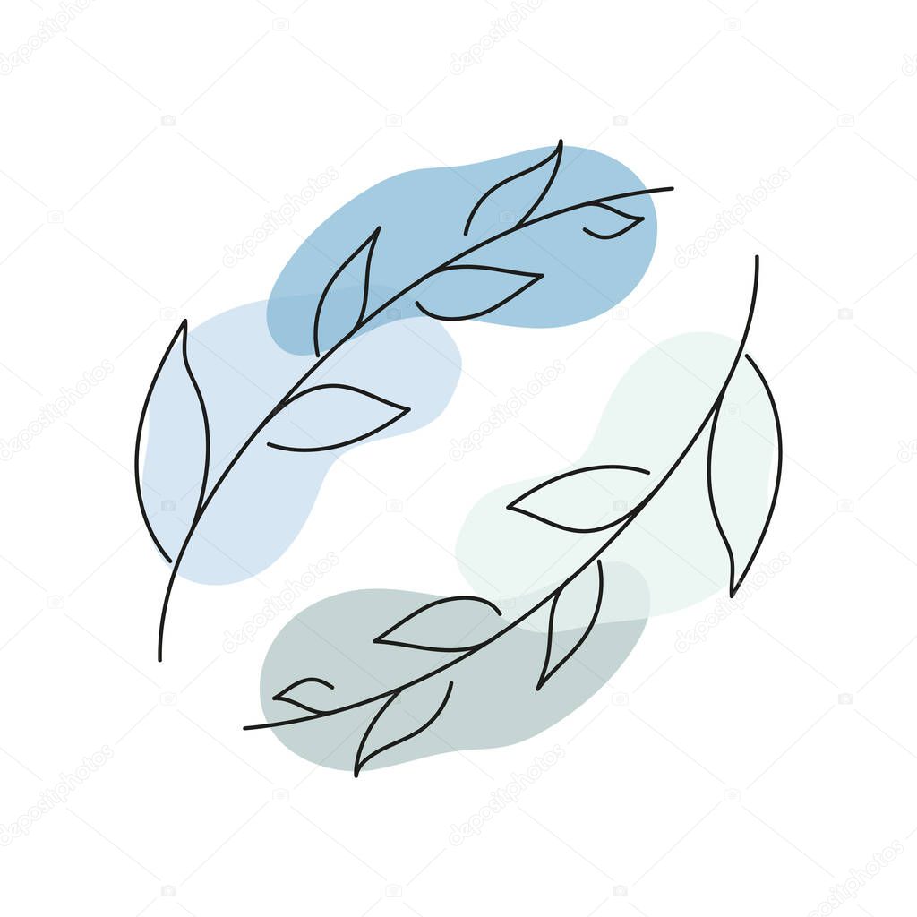 Vector abstract leaf illustration using for logo, wedding, stories, posters. Two minimal modern leaves. Doodle Leaves art with spots. Botanical vector logo print.