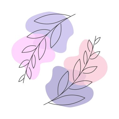 Logo, düğün, hikâye ve posterler için kullanılan vektör soyut yaprak çizimi. İki asgari modern yaprak. Doodle Leaves 'in benekleri var. Botanik vektör logosu izi.