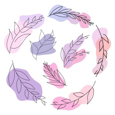 Logo, düğün, hikâye ve posterler için kullanılan vektör soyut yaprak çizimi. İki asgari modern yaprak. Doodle Leaves 'in benekleri var. Botanik vektör logosu izi.