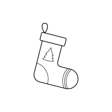 Noel için çorap. Renklendirme veya logo resmi için yeni yıl çoraplarının vektör doğrusal çizimi. Dekorasyon Noel şömine simgesi. 