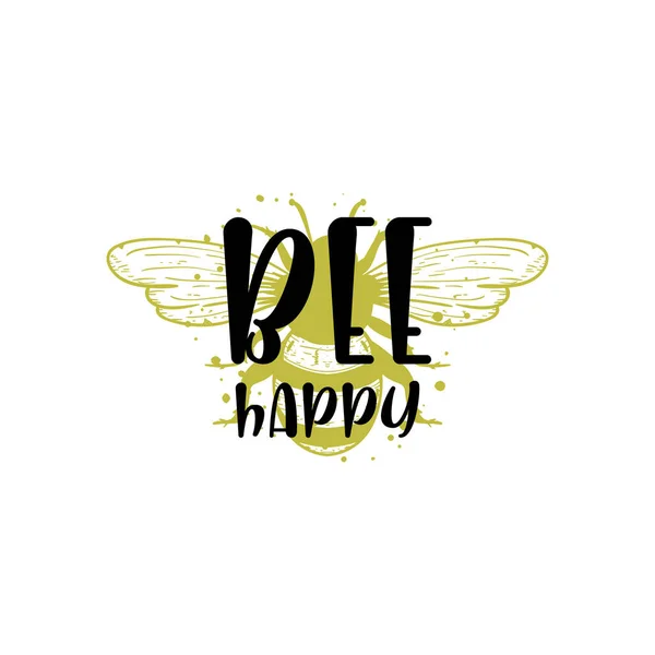 Bee Happy Quote Lettering Illustration — 图库矢量图片