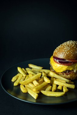 Patates kızartmalı ev yapımı hamburger. Siyah üzerine izole edilmiş ve fotokopi alanı var.