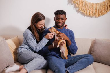 Neşeli çoklu etnik çiftler evcil hayvanlarıyla vakit geçiriyorlar.