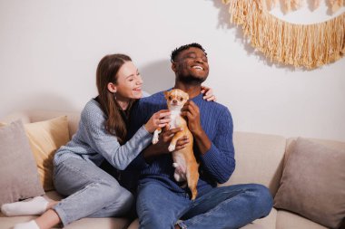 Gülümseyen ırklar arası bir çift evde evcil hayvanla oynuyor.
