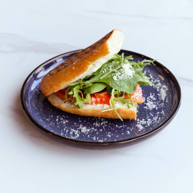 Somon, yeşil ve peynirli taze sandviç.