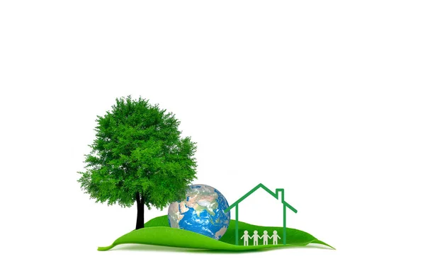 Evlerinde duran insanlar ve beyaz arka planda yeşil yapraklı ağaç. Dünya ekolojisi kavramını koru. 