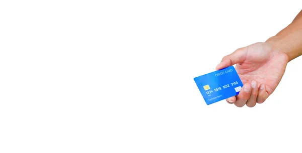 Mão Segurando Cartão Crédito Azul Fundo Branco Com Caminho Recorte — Fotografia de Stock