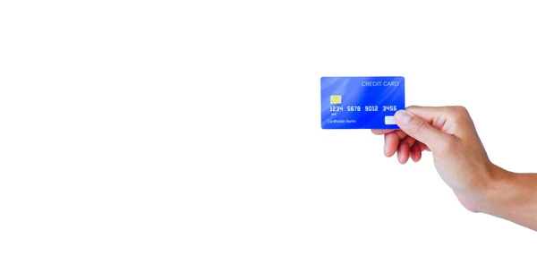 Mano Possesso Una Carta Credito Blu Sfondo Bianco Con Percorso — Foto Stock