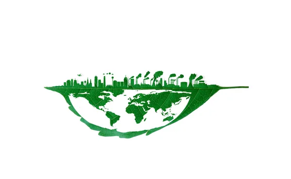 Şehir binası yaprak kesiyor. Yeryüzündeki şehir büyümesi zehirli duman endüstrisi çevreyi yok eder. Dünyayı yeşil doğal ekolojiden kurtar. kırpma yolu.