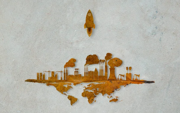 Dünyanın üzerinde uçan bir roket. Dünya için yeni bir yer bulmak. Yeryüzündeki şehir büyümesi. Zehirli duman çevreyi yok ediyor.. 