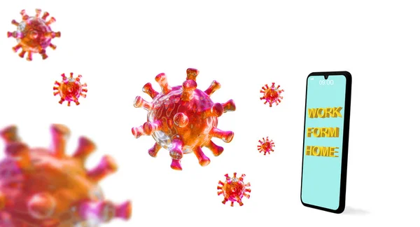 Beyaz arka planda akıllı telefonları olan Covid-19 virüsünü korumak için evde kalın. Teknolojiyle uyumlu bir hayat.
