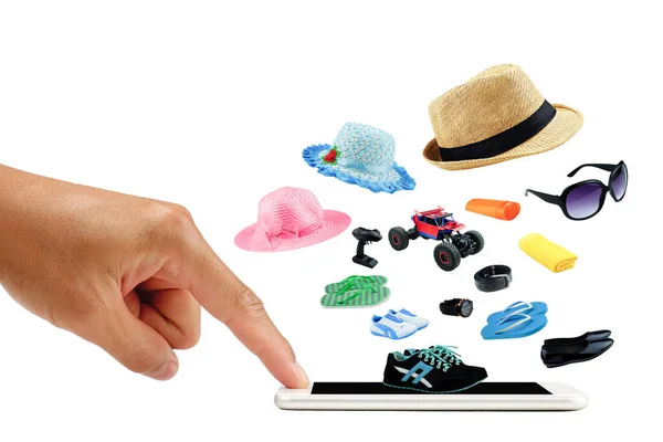 Beyaz arka plandaki akıllı telefondan parmak ekranı ile çevrimiçi yaşam. E-ticaret teknolojisi olan bir ürünü çevrimiçi alışveriş etmek.