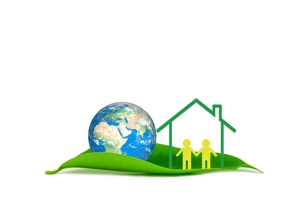 Dünya ve evdeki insanlar beyaz arka planda yeşil yaprak üzerinde. Toprak kavramını kurtar. 