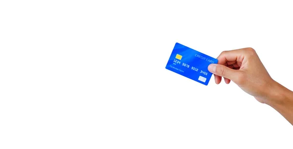 Hand Hålla Ett Blått Kreditkort Vit Bakgrund Med Klippbana Handla — Stockfoto