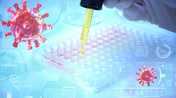 Covid-19 virüsü. Koronavirüs teşhisi için insan kanını laboratuvarda test eden bilim adamları..