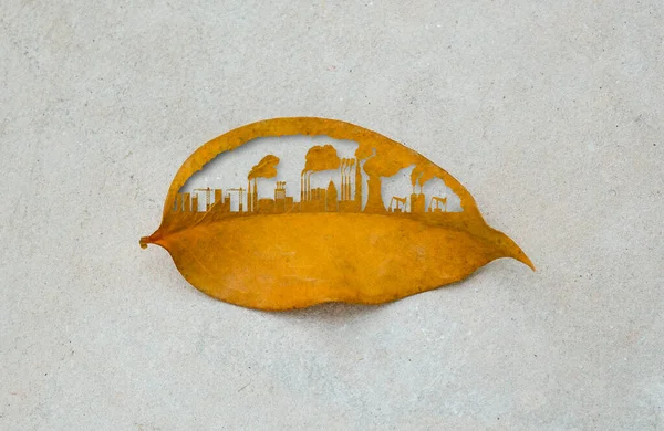 Şehir binası kuru yaprak kesiyor. Şehir ve sanayi fabrikaları dünya üzerinde büyüyor. Endüstriyel zehirli duman çevreyi yok eder. Dünyayı yeşil doğal ekolojiden kurtar..