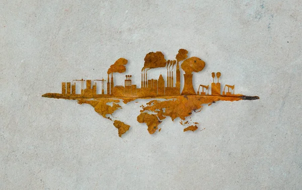 Şehir binası kuru yaprak kesiyor. Şehir ve sanayi fabrikaları dünya üzerinde büyüyor. Endüstriyel zehirli duman çevreyi yok eder. Dünyayı yeşil doğal ekolojiden kurtar..