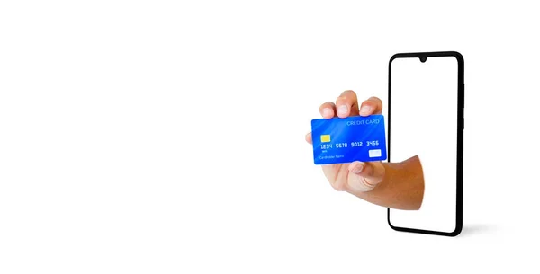 Hand Hält Eine Kreditkarte Aus Einem Smartphone Auf Weißem Hintergrund lizenzfreie Stockbilder