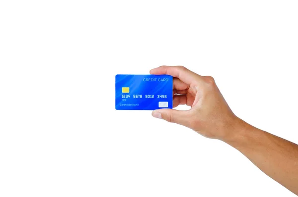 Hand Hält Eine Blaue Kreditkarte Auf Weißem Hintergrund Mit Clipping Stockfoto