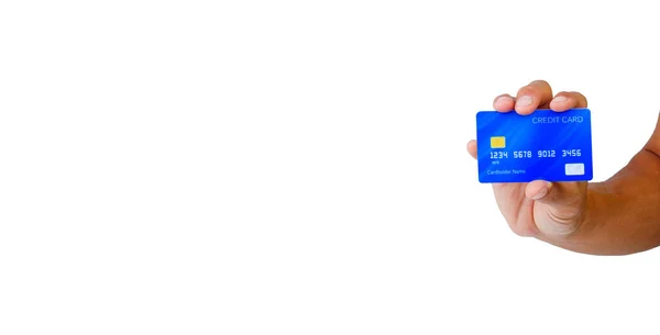 手札はクリッピングパス付きの白い背景に青のクレジットカードを持ってる 電子商取引技術を利用したオンラインショッピング ストックフォト