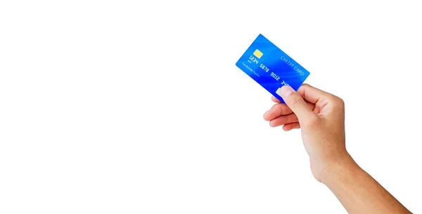 Main Tenant Une Carte Bleue Crédit Sur Fond Blanc Avec Image En Vente