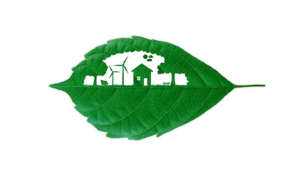 緑の葉を切断タービンと太陽電池クリーンエネルギーオブジェクトを持つ家 自然と技術 地球と環境を救う緑の自然生態系 クリッピングパス ストック写真
