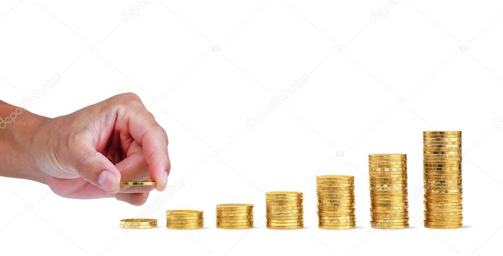 Money saving. Hand holding a coin money in for saving money. Business growth and success on white background