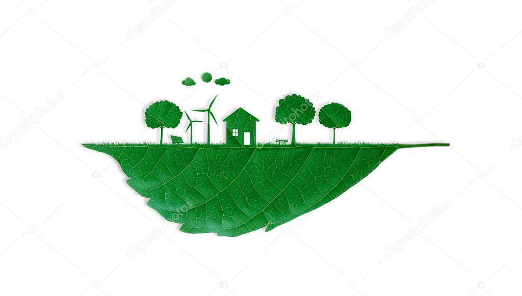 The house with turbine and solar cell clean energy object cutting green leaf. Natural and technology. Save the earth and environment green natural ecology. clipping path.