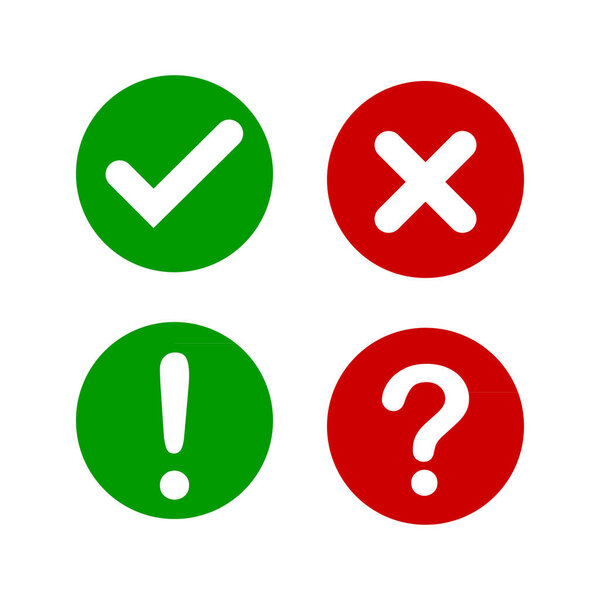 Набор плоских круглых галочек, восклицательных знаков, иконок X знаков, кнопок, выделенных на белом фоне