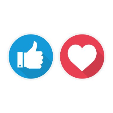 Beyaz arkaplanda başparmak yukarı ve kalp simgesi