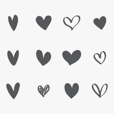 Gri arkaplanda izole edilmiş vektör kalpleri kümesi