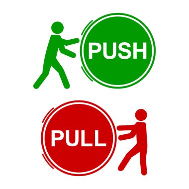 İt ve Çek İşaretleri, vektör illüstrasyonu, yeşil ve kırmızı yuvarlak simgeler, insan simgesi itme veya çekme