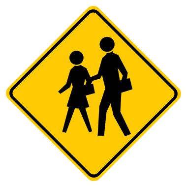 Okul - siyah siluetli sarı kare uyarı işareti, vektör illüstrasyonu