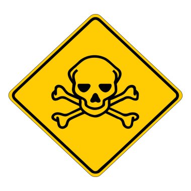 Kafatası ve çapraz kemikler, kafatası sembollü sarı kare uyarı işareti, vektör illüstrasyonu