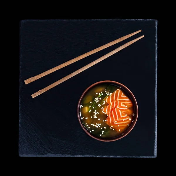 Japanese Cuisine - Miso Soup with Salmon, Seaweed and Tofu Cheese — Stock Image Japanese Cuisine - Miso Soup with Salmon, Seaweed and Tofu Cheese Stock Picture