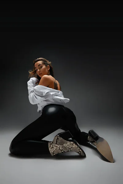 Портрет сексуальної молодої жінки, що роздягається на сірому фоні. Жіноча модель знімає сорочку. Вид ззаду — стокове фото